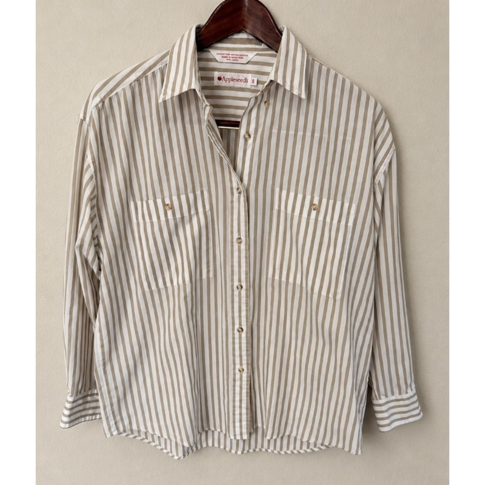Appleseeds Womens Tan White Striped Button Down Shirt Long Sleeve Blouse Size 8